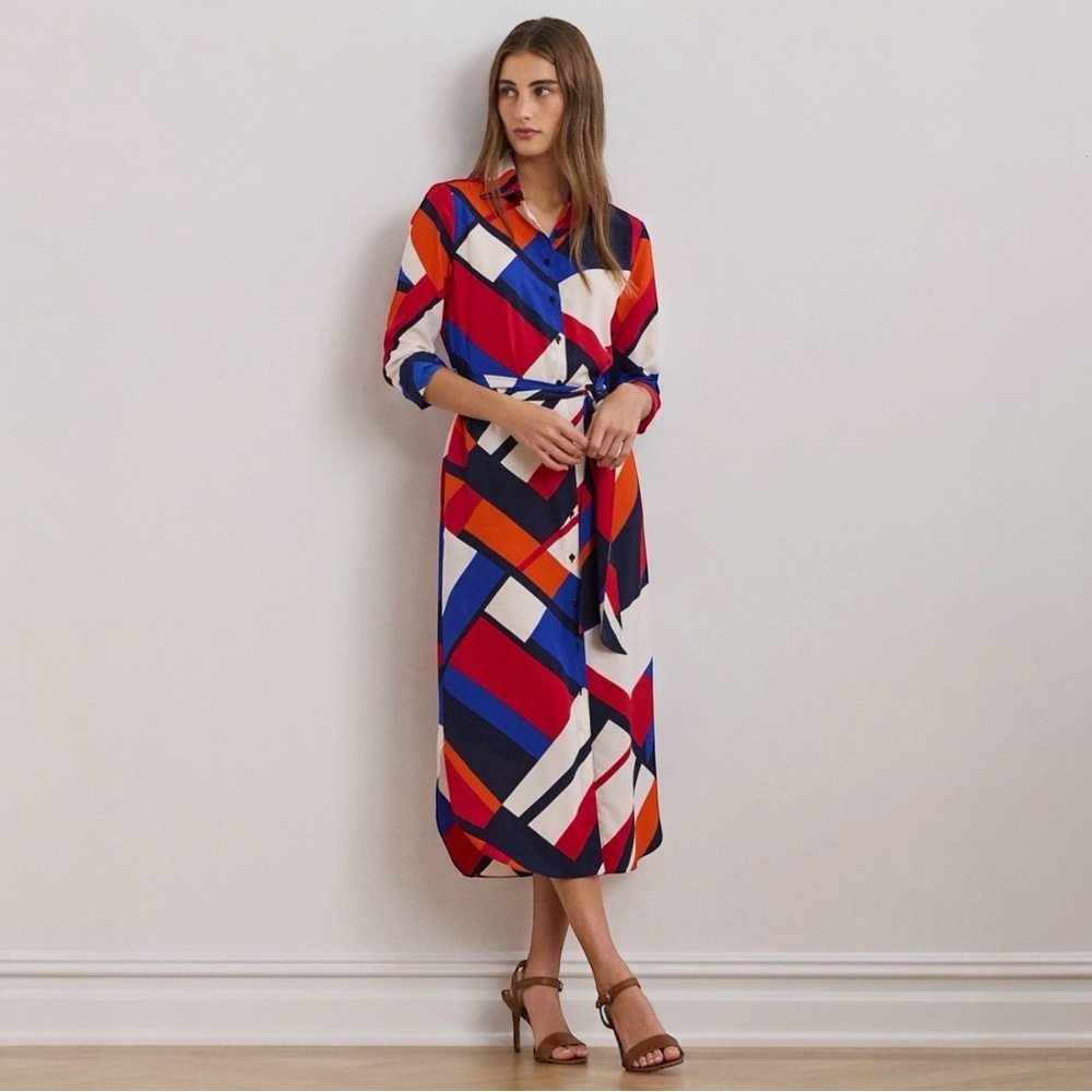 NWT Lauren Ralph Lauren Print Crepe Color Black Midi Shirt Dress Size 18W